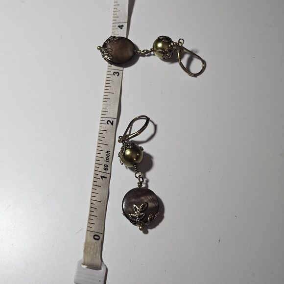 Gold Tone Dangling Green And Brown Beaded Earrings - Picture 4 of 8